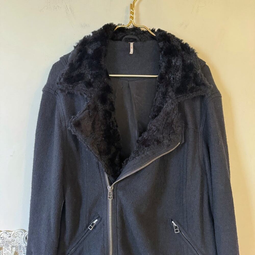 Free People Black Simple Salute Wool Faux Fur Collar Moto Military Jacket S - Picture 8 of 16